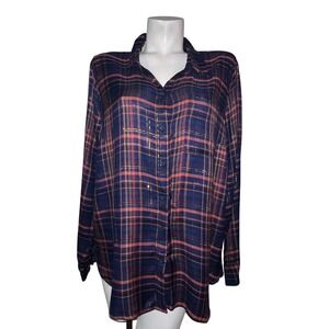 New Lucky Brand Top Plaid Button Shirt LS Metallic Gold Navy Orange Women's XL